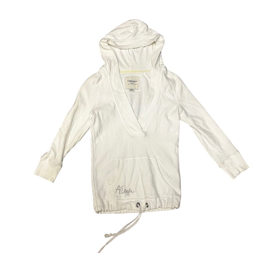 American‎ Eagle White V-Neck Hoodie Back Graphic Drawstring Hem XS